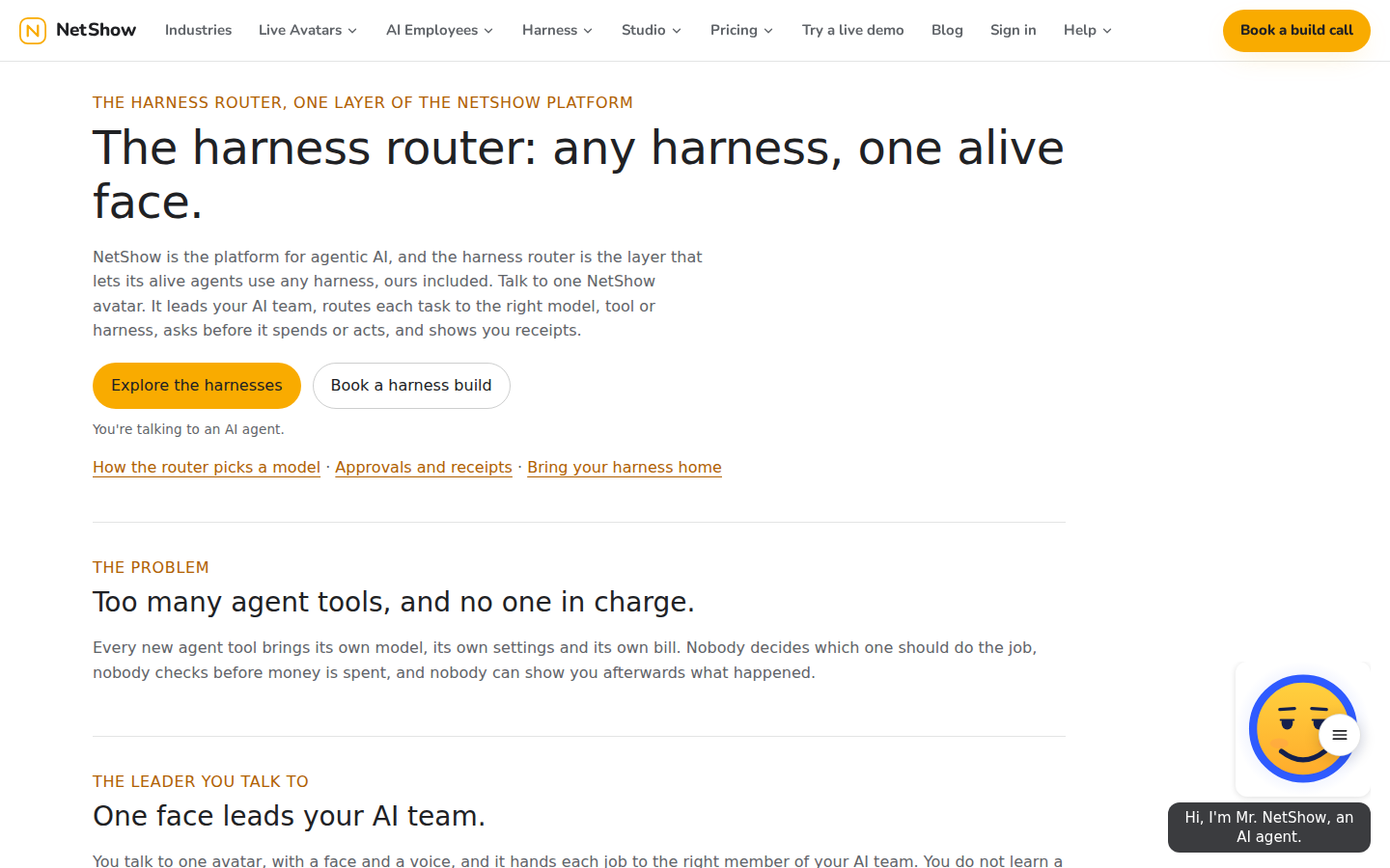 The served NetShow Harness page with Mr. NetShow, the live AI host, greeting beside the harness choices