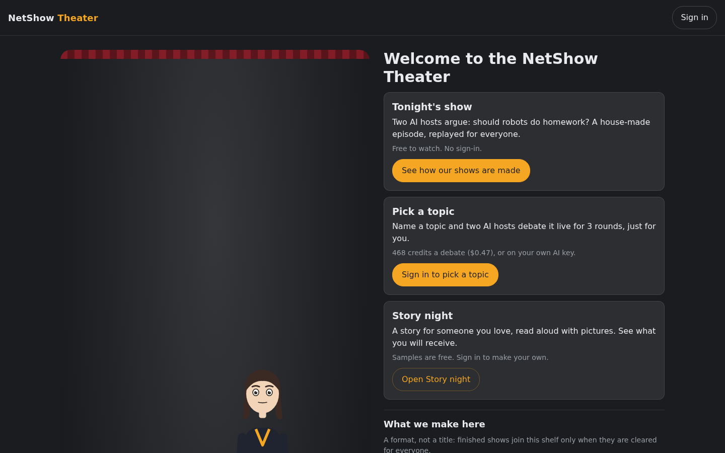 The NetShow Theater: Mrs. NetShow as a drawn character on the stage, with the Tonight's show, Pick a topic and Story night cards.