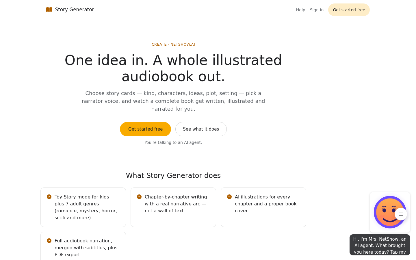 The Story Generator page: One idea in. A whole illustrated audiobook out. With what it does: the Kids' story mode and seven genres, chapter writing, an illustration for every chapter and full narration.