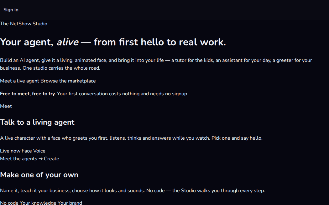 The NetShow ALIVE Agent Studio page: talk to a living agent, then make one of your own
