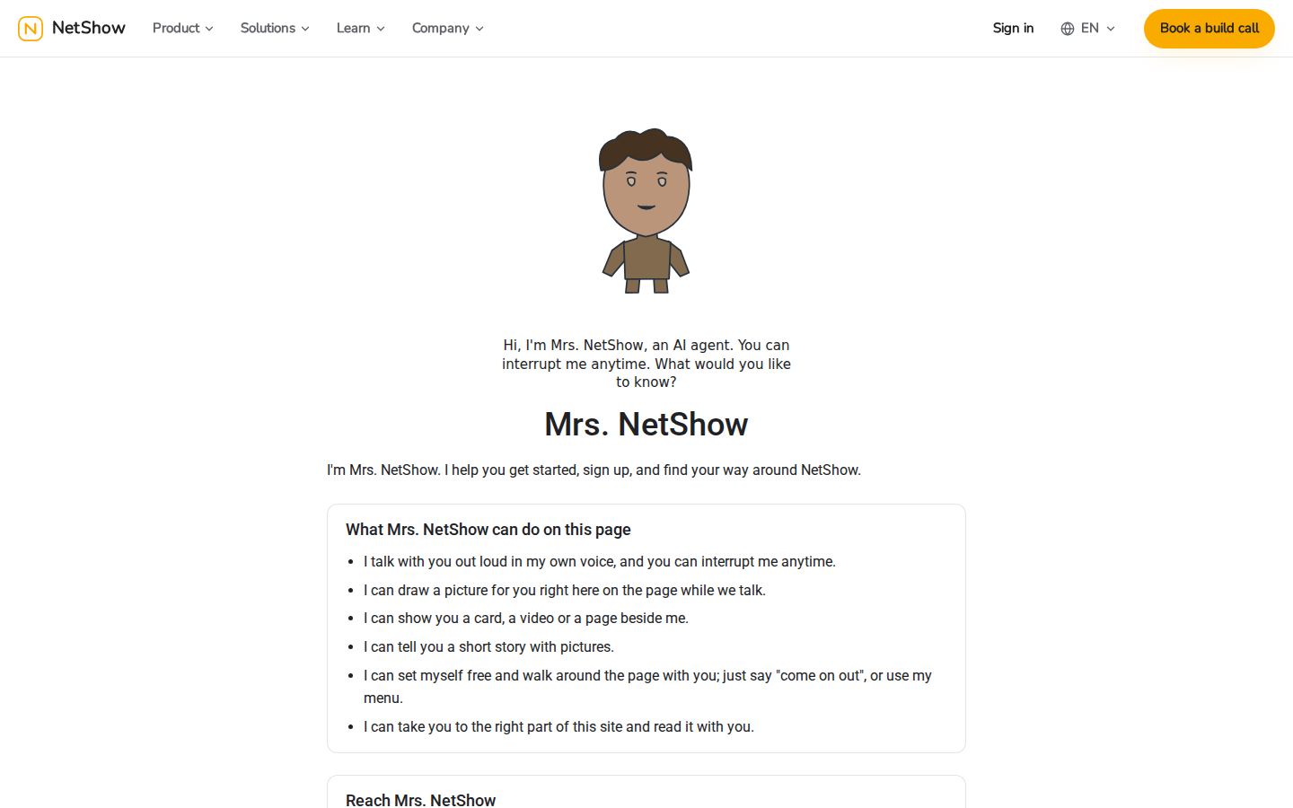 A live NetShow AI employee page: a drawn character welcomes visitors with a short caption, no chat box
