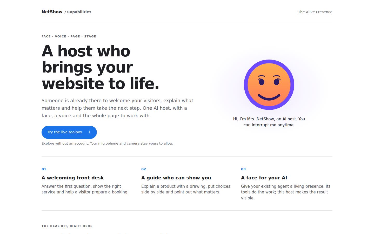 The NetShow host as a smiling face that welcomes visitors with a short line and says it is an AI